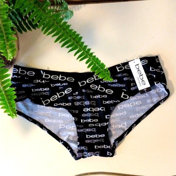 NWT bebe Luxury Intimates Panty Size L Black Monogram Criss Cross Hi Cut - Picture 1 of 7